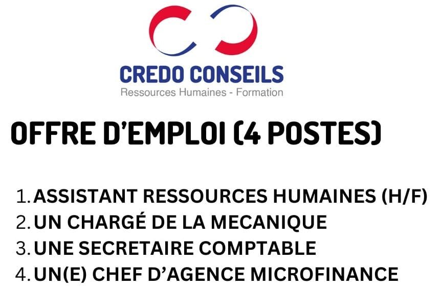 Le RH CREDO CONSEILS Recrute30/09/2023 (04 Postes