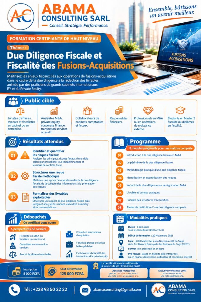 Formation certifiante en due diligence fiscale et fusions-acquisitions